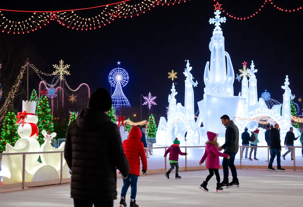 Families enjoying the Holiday in the Gardens Festival at Moody Gardens with ice sculptures and lights.