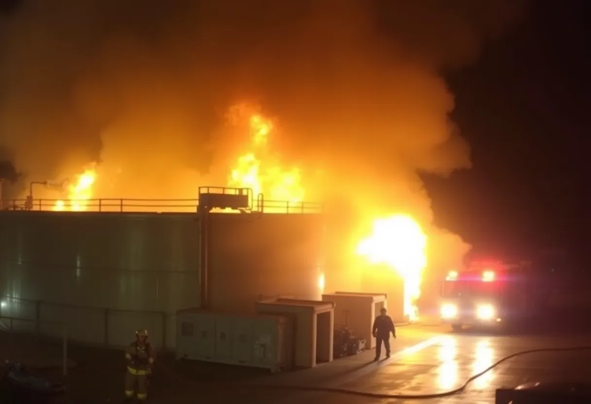 Firefighters working to extinguish a petroleum storage fire in Harris County.