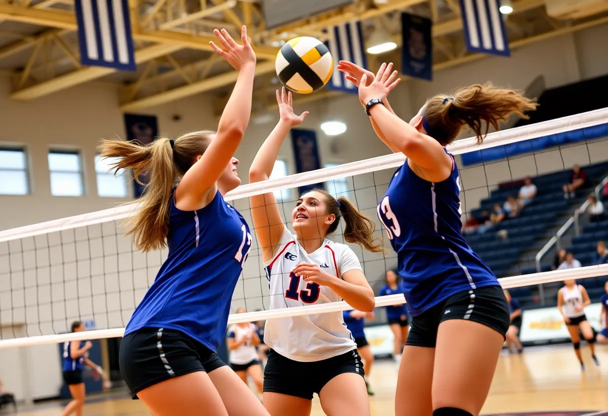 Rice Owls volleyball players in action during the championship match