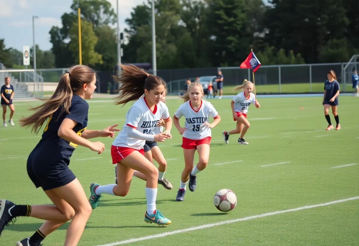 Action shot of girls flag football players competing at Robinson High School