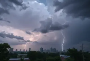 Storm clouds and lightning over Houston cityscape