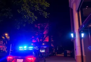 Police lights flashing outside a club at night