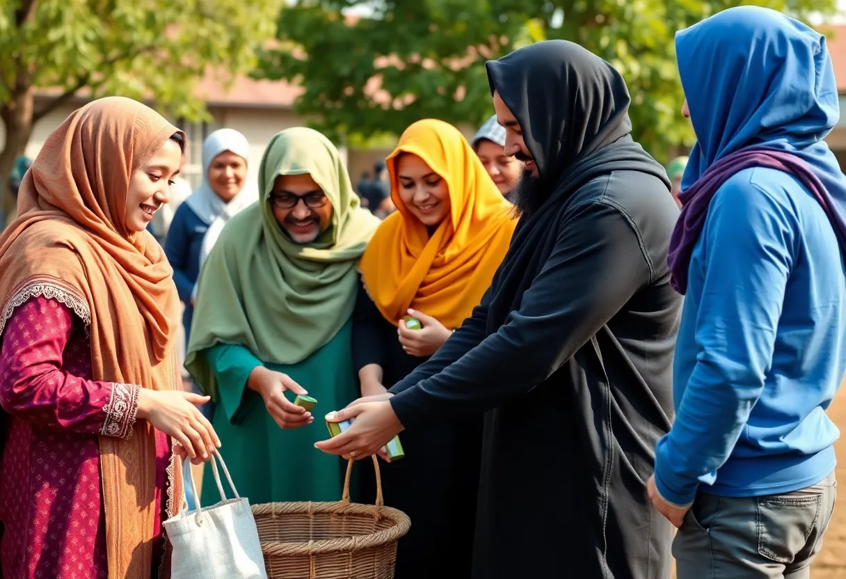 Diverse individuals participating in a community service event for interfaith dialogue.