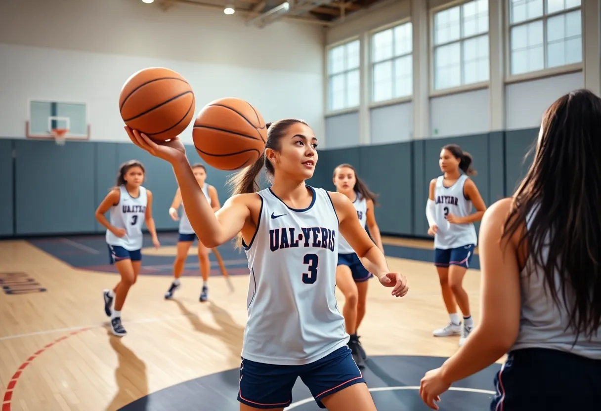 Female basketball players practicing on the court