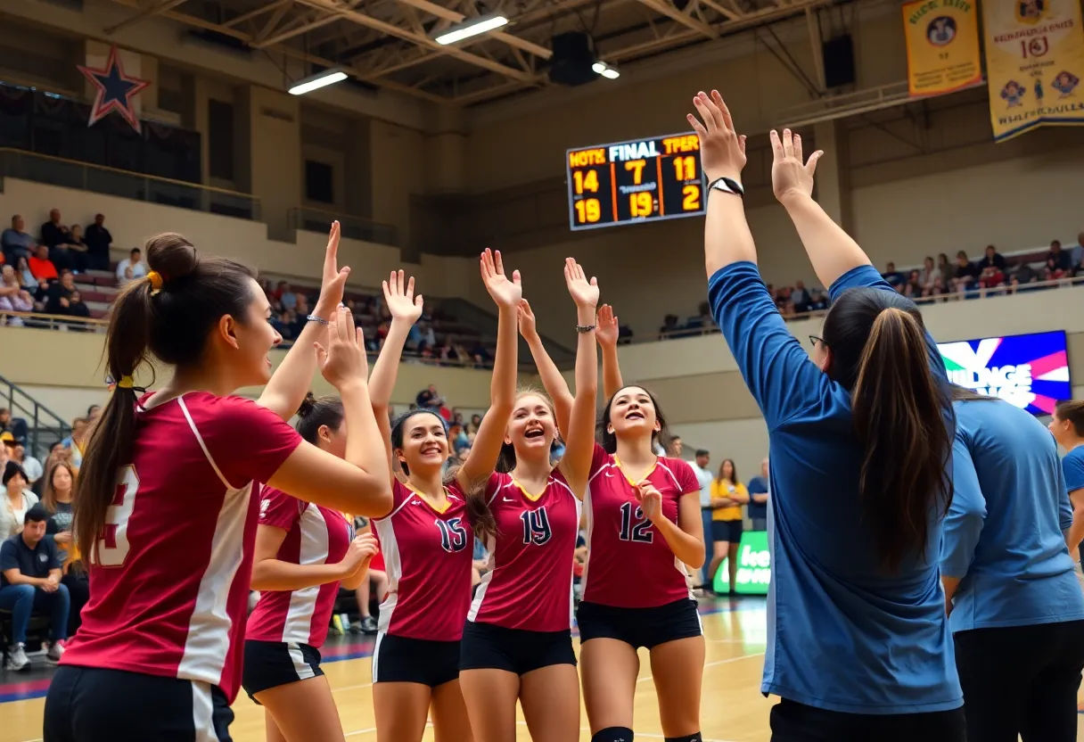 TCU volleyball team celebrating their victory.