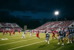 High school football players in action during playoffs