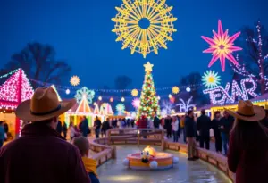 A joyful atmosphere at the Texas Winter Lights Festival with dazzling holiday lights and families.