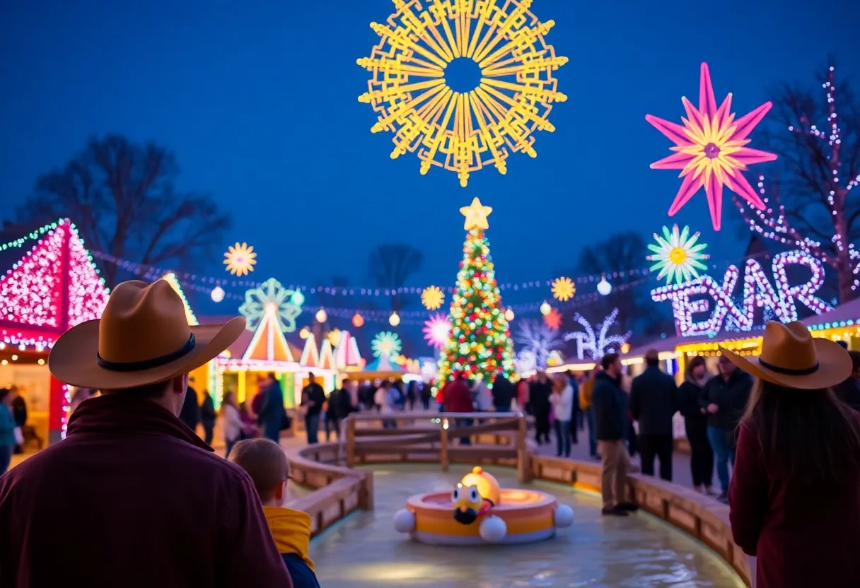 A joyful atmosphere at the Texas Winter Lights Festival with dazzling holiday lights and families.