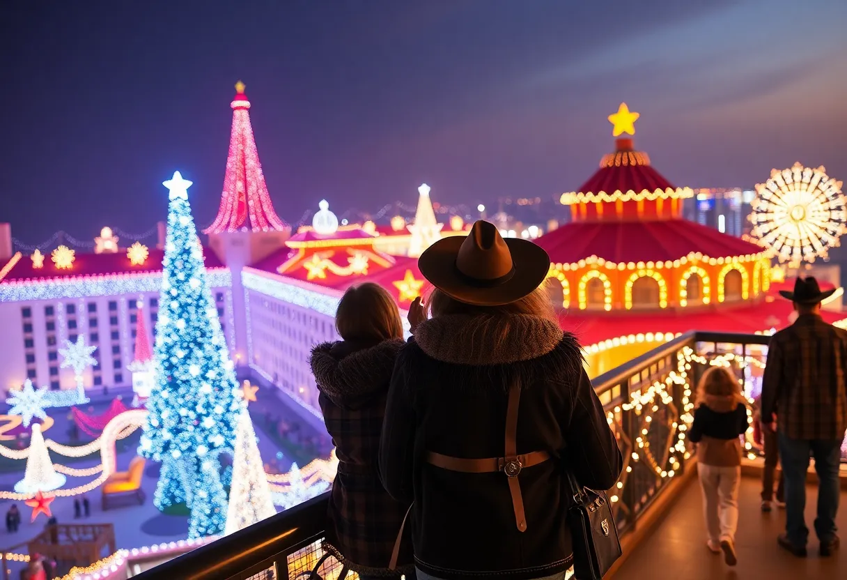 Dallas festive lights on hotel rooftop during holiday season