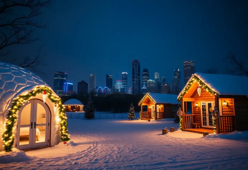 Private igloos and wooden cabins decorated with holiday lights in Houston