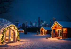 Private igloos and wooden cabins decorated with holiday lights in Houston