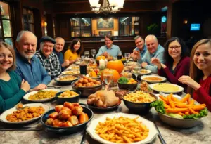 A table with Thanksgiving dinner spread with various dishes and happy people enjoying the meal.