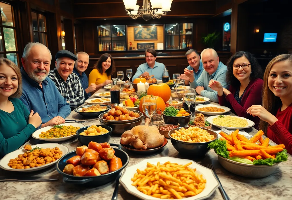 A table with Thanksgiving dinner spread with various dishes and happy people enjoying the meal.