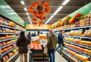 Grocery store filled with Thanksgiving items and shoppers