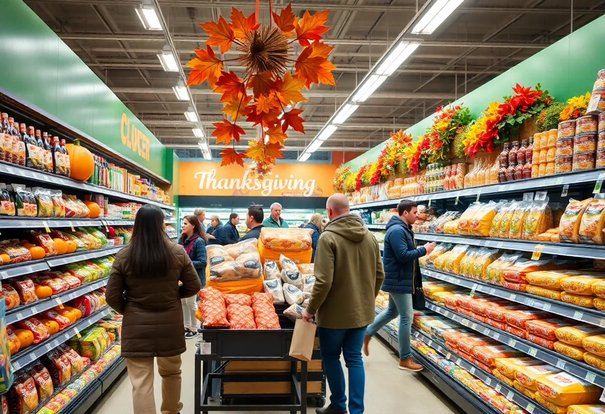Grocery store filled with Thanksgiving items and shoppers