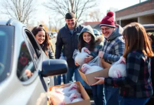 Families receiving free turkeys at a drive-thru event in Houston
