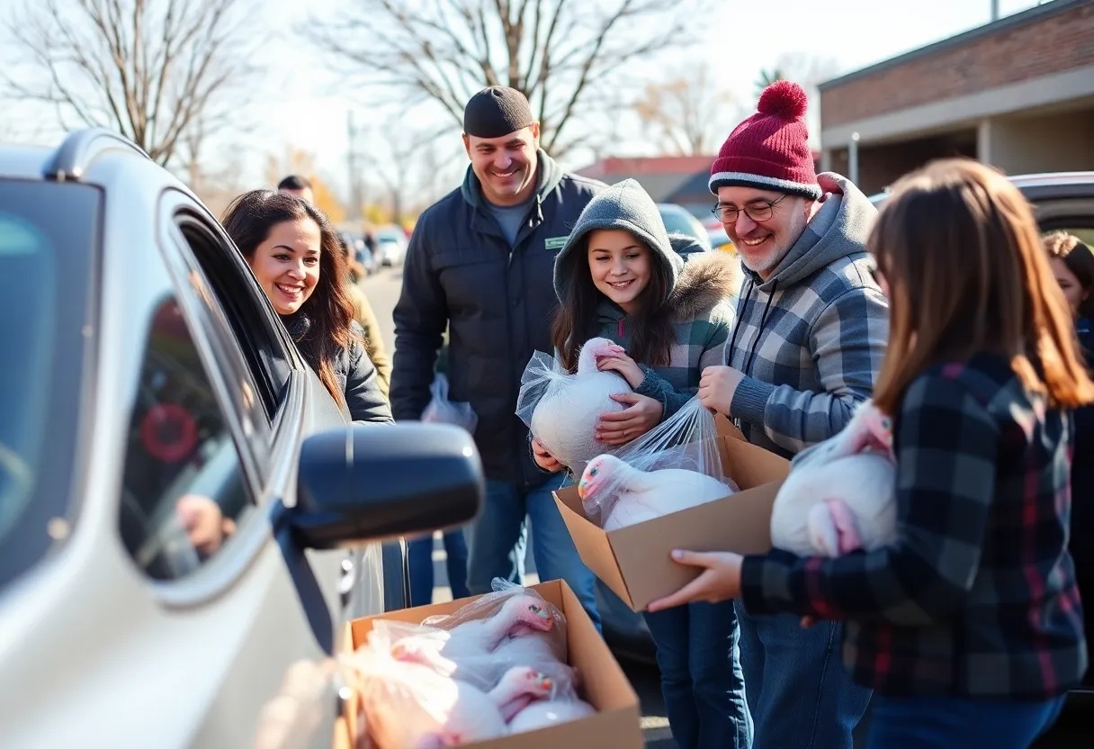 Families receiving free turkeys at a drive-thru event in Houston