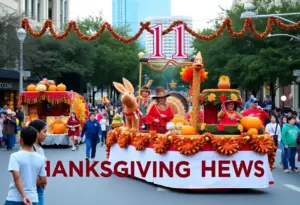 Crowd enjoying the Thanksgiving Day Parade in Houston with colorful floats and decorations