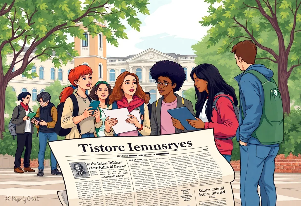 Students discussing around a historic newspaper