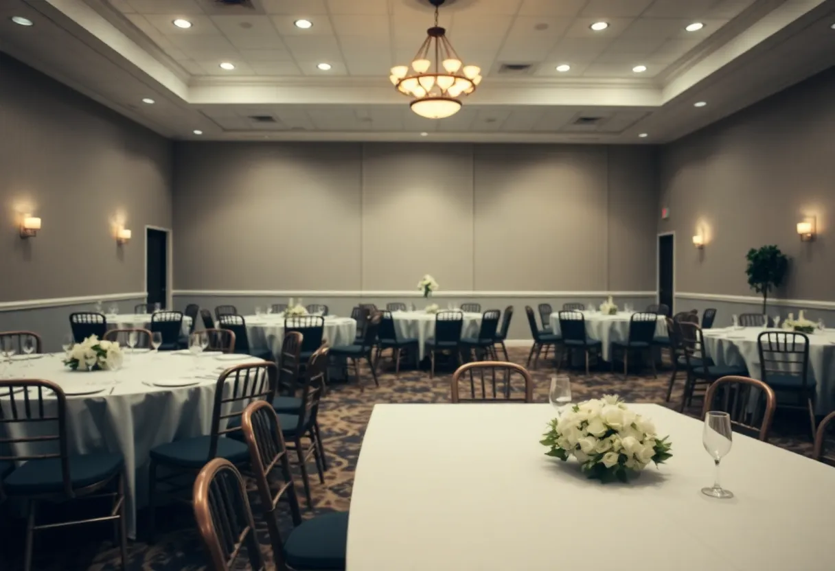 Empty banquet hall representing a tragic shooting incident