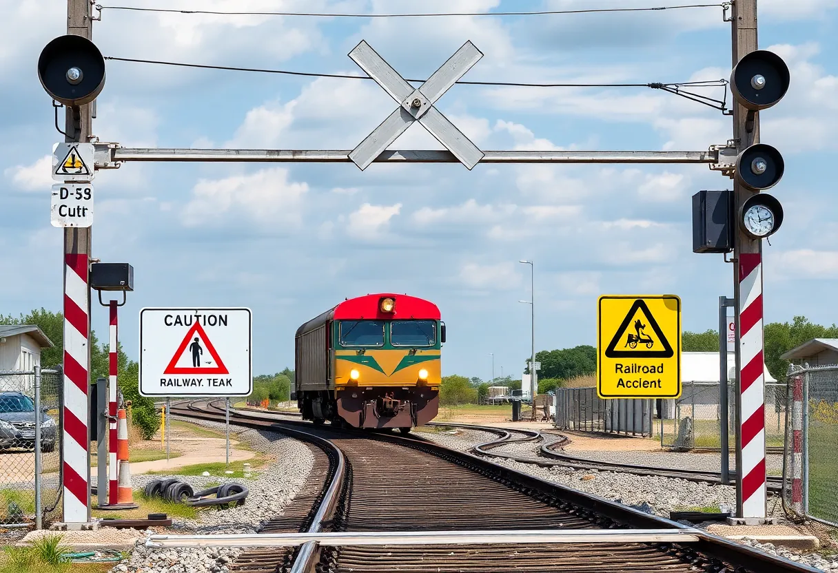 Railway crossing sign with a train in the background