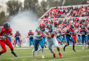 University High Trojans football team in action during playoff game against Bastrop Bears