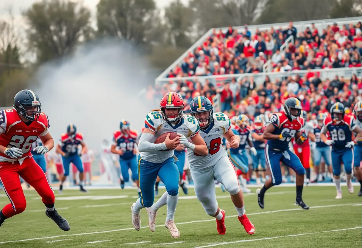 University High Trojans football team in action during playoff game against Bastrop Bears