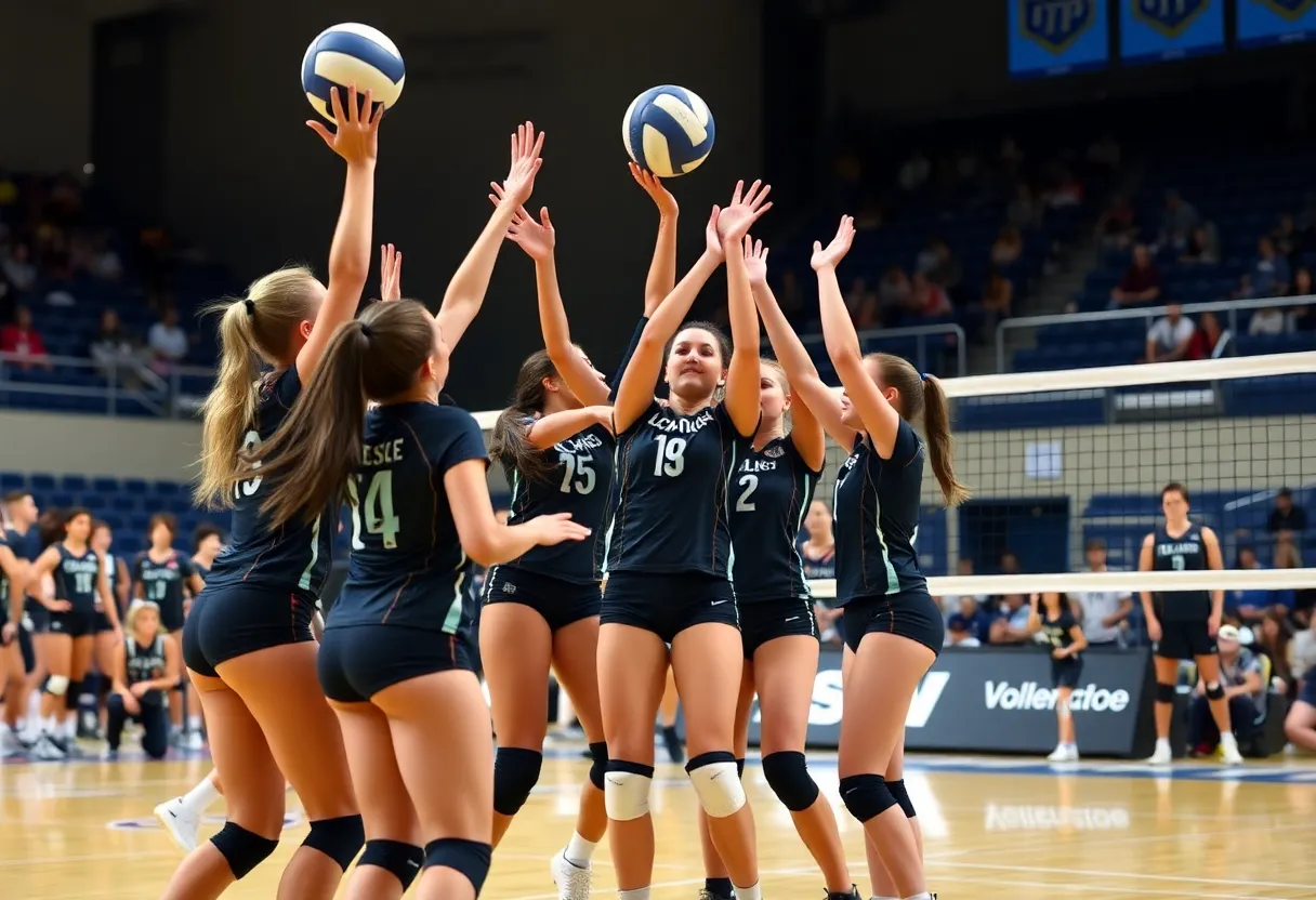 University of Houston volleyball team celebrating their win against Texas Tech