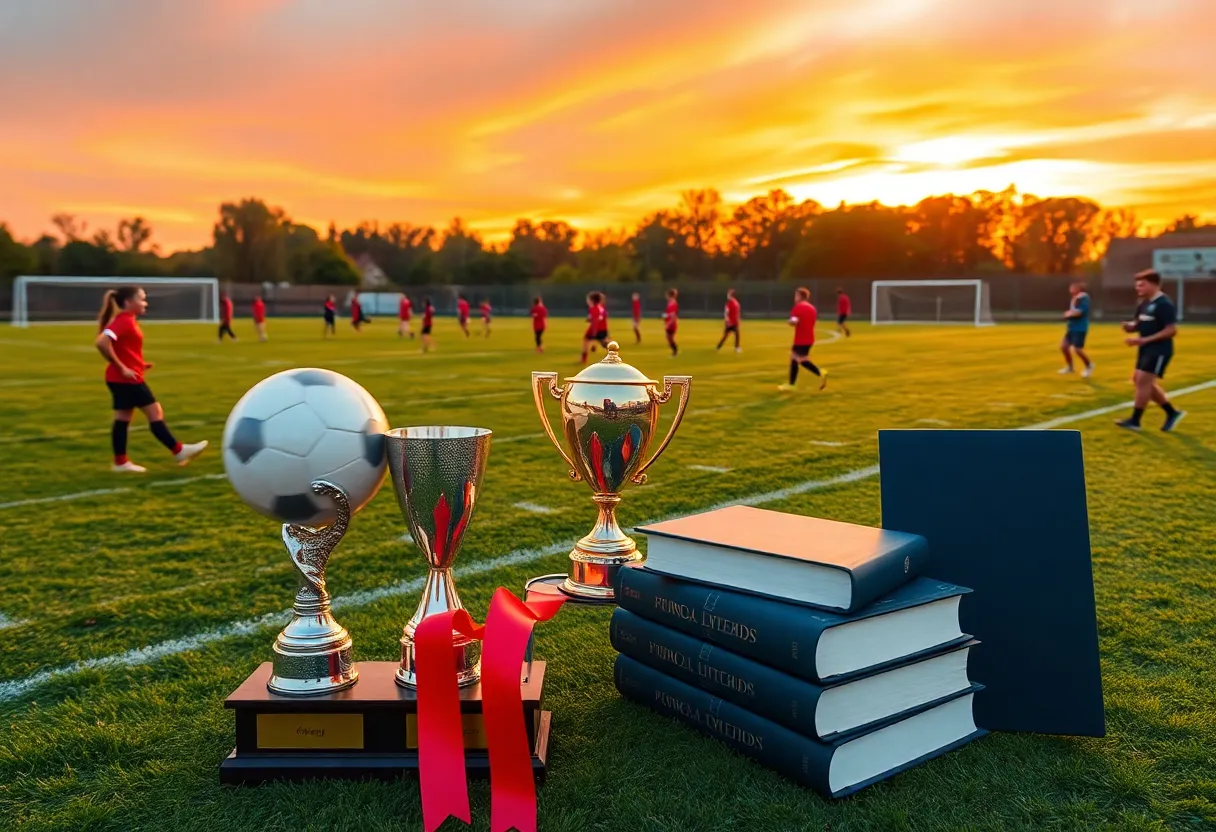 Students training on a soccer field displaying both athletic and academic spirit