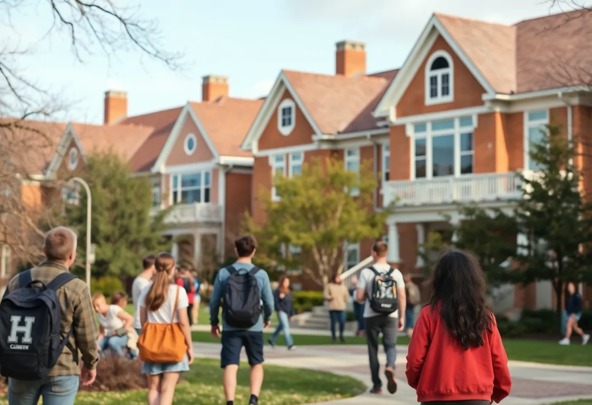 Campus scene at the University of Texas depicting fraternity houses and students.