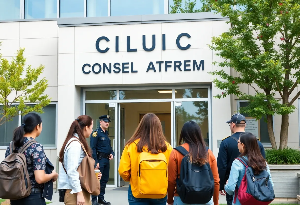 A diverse group of police officers at a university campus