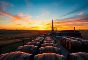 Distillery scene showcasing whiskey barrels in Texas