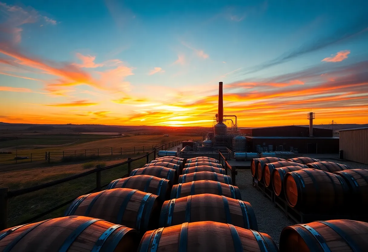 Distillery scene showcasing whiskey barrels in Texas