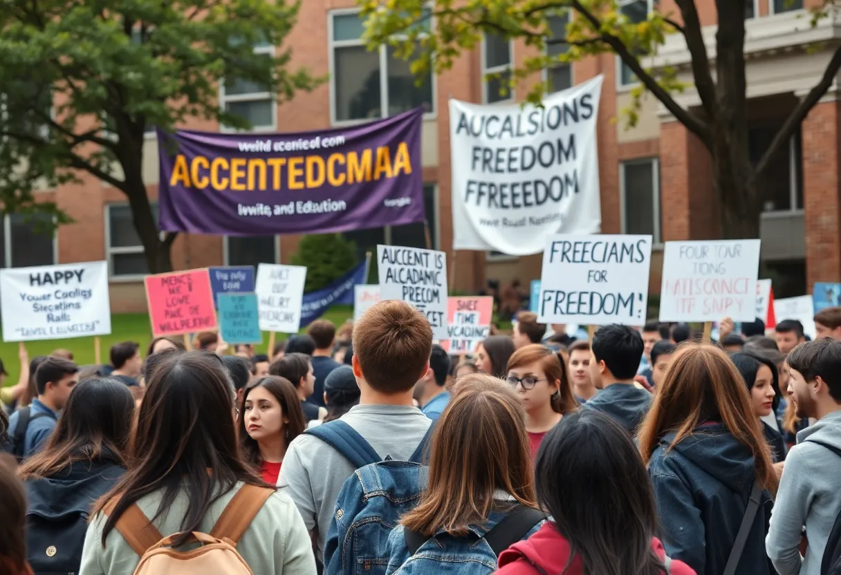 Students protesting on the UT Austin campus regarding academic freedom and funding