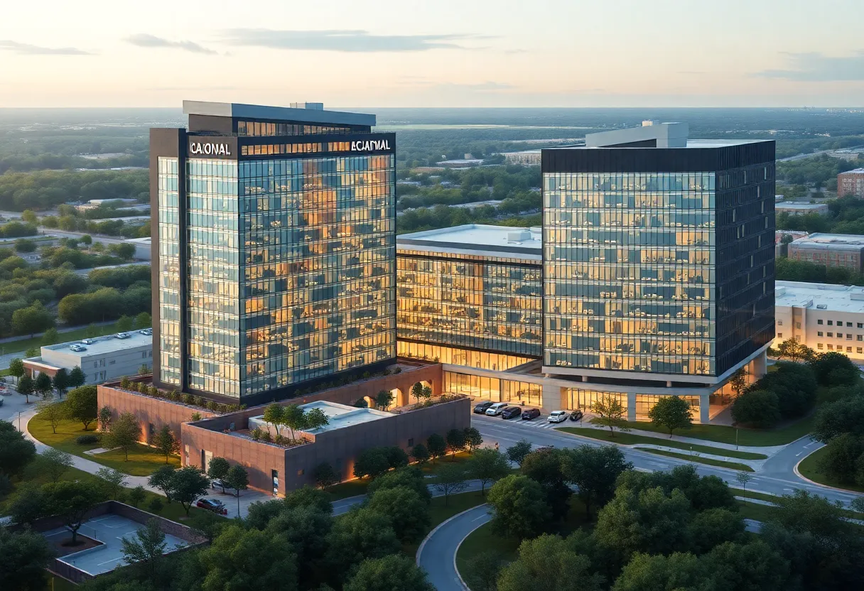 Rendering of the new UT Austin academic medical campus with two hospital towers.