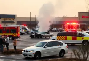 Emergency vehicles responding to a vehicle fire at Target Shopping Center