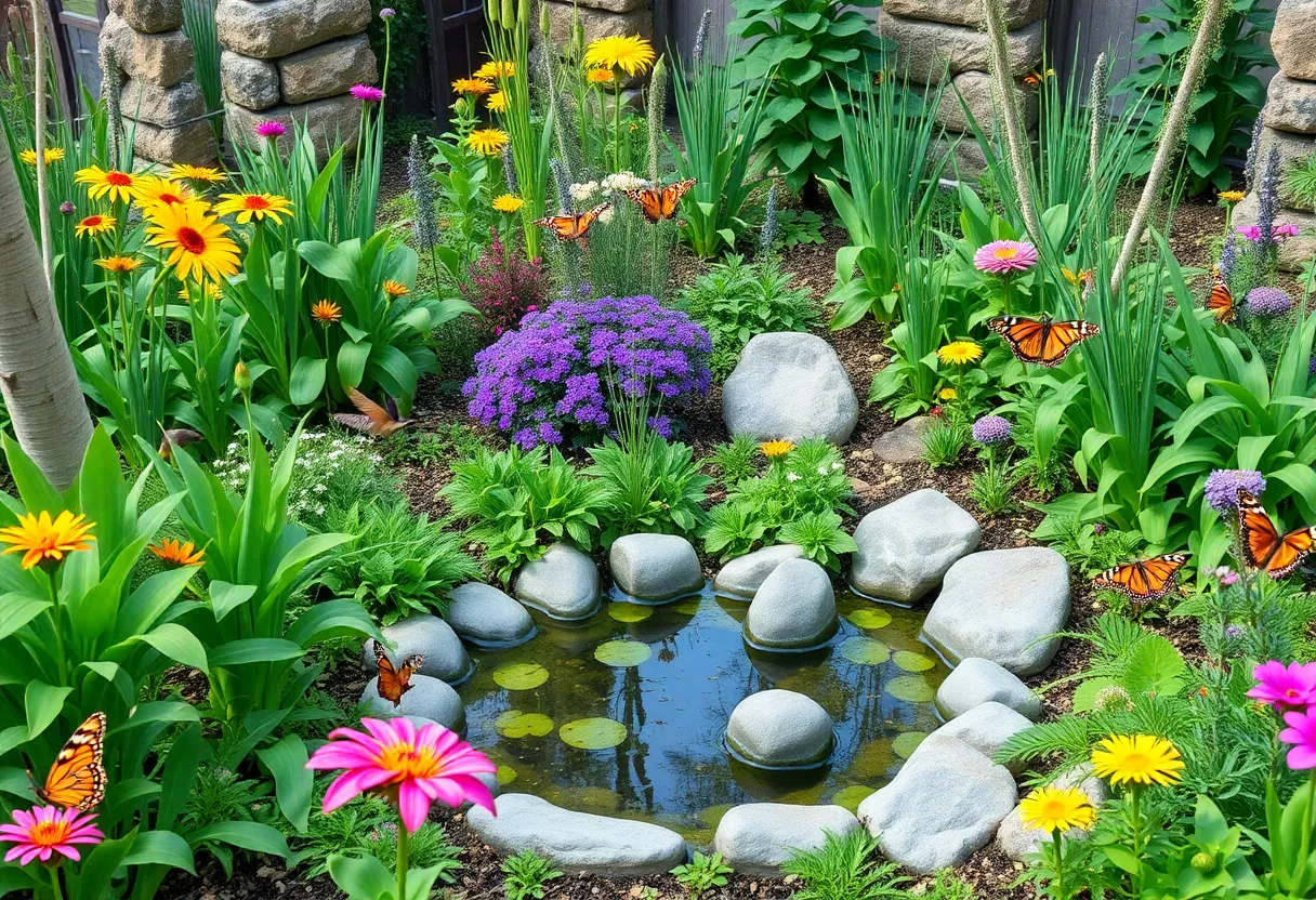 A lush Houston backyard transformed into a wildlife habitat with native plants and a pond.