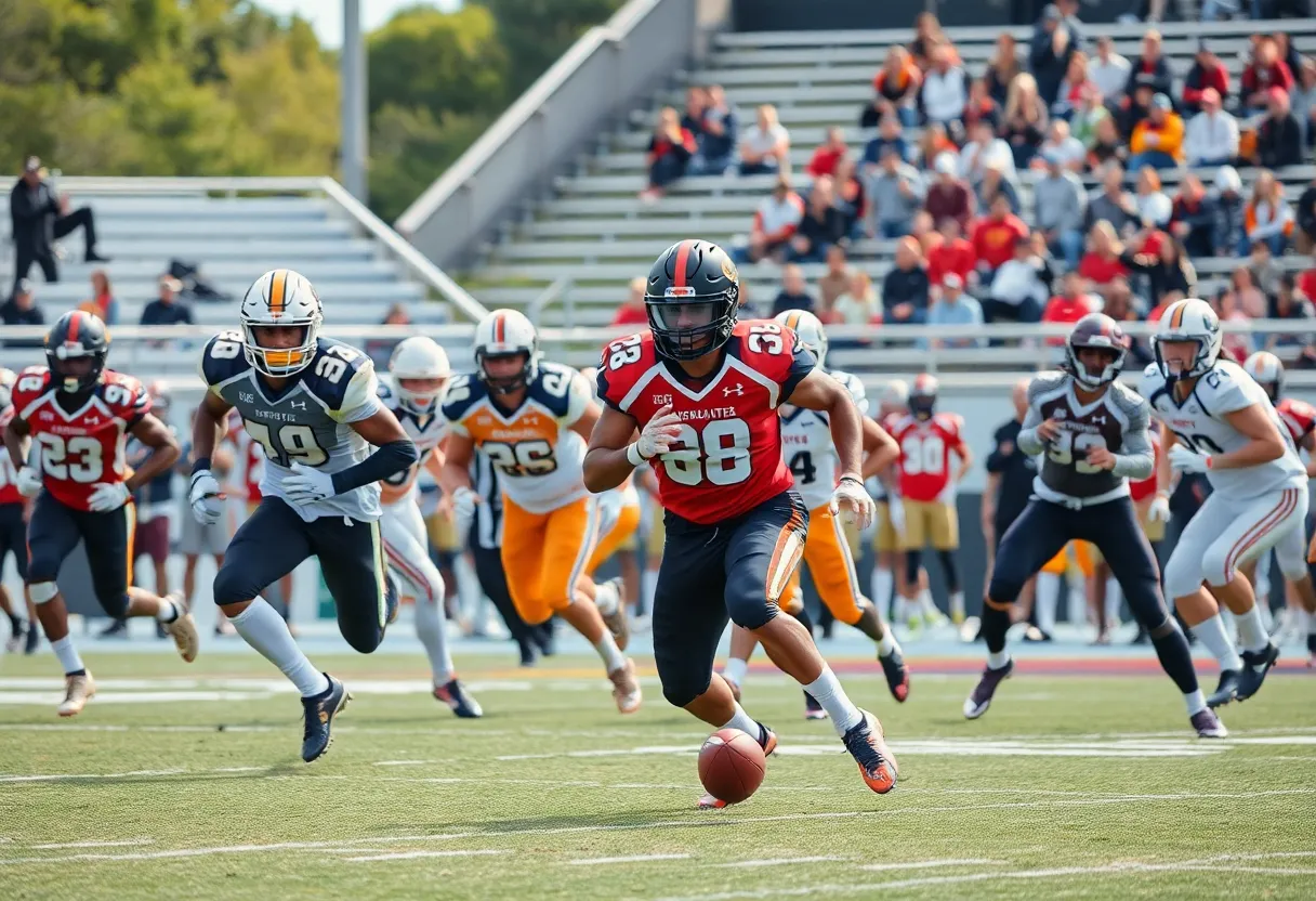 Football players in action during a college game, representing teamwork and competitive spirit.