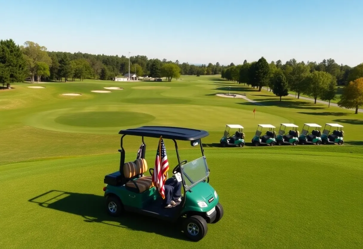 Scenic view of a golf course set for a collegiate tournament