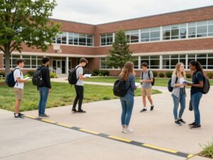 Students interacting on an accessible college campus.
