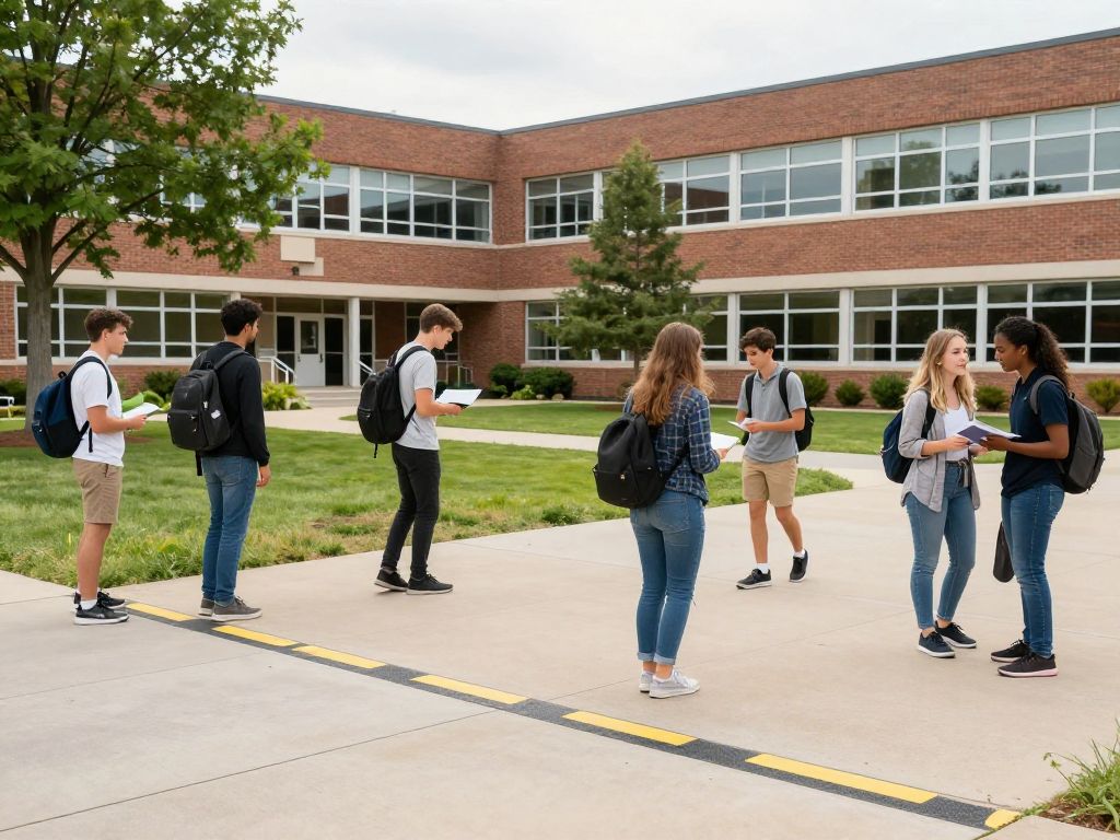 Students interacting on an accessible college campus.