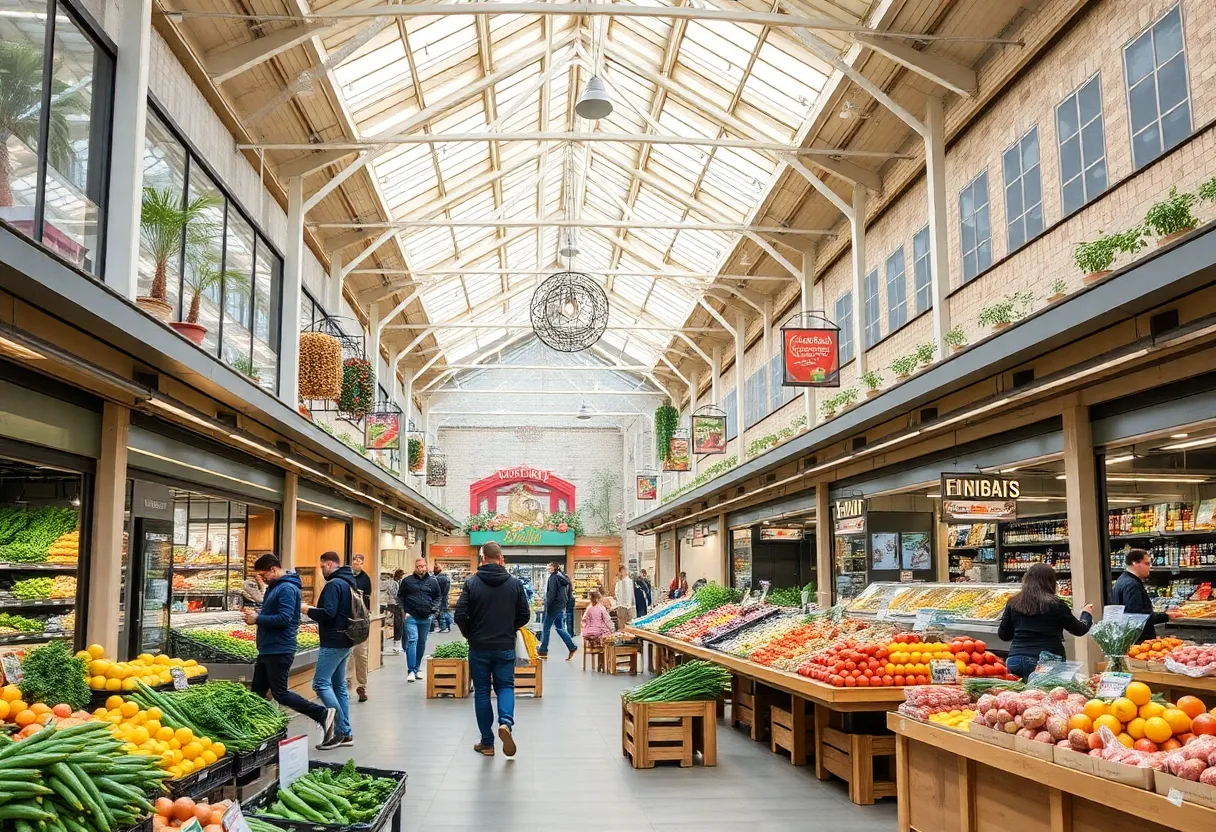 A conceptual image of the grocery market hall at Almeda Mall in Houston.