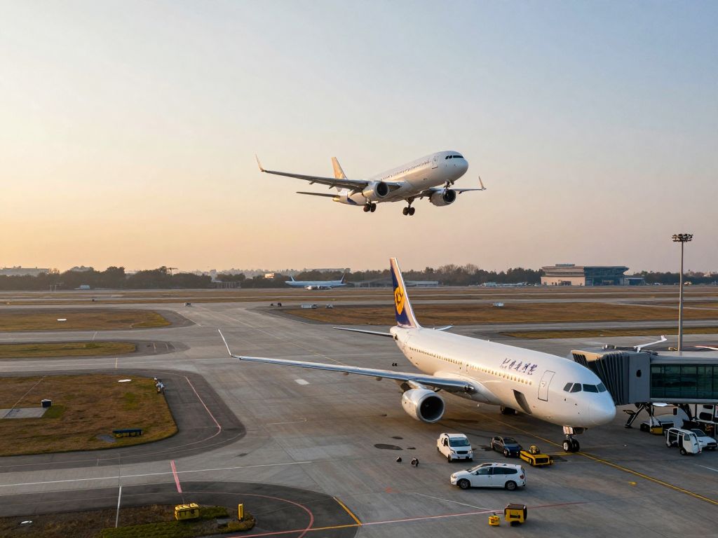 A crowded airport with American Airlines planes at dusk