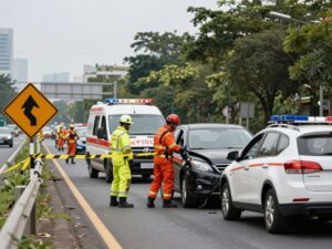 Emergency responders at the scene of a multi-vehicle accident on a highway