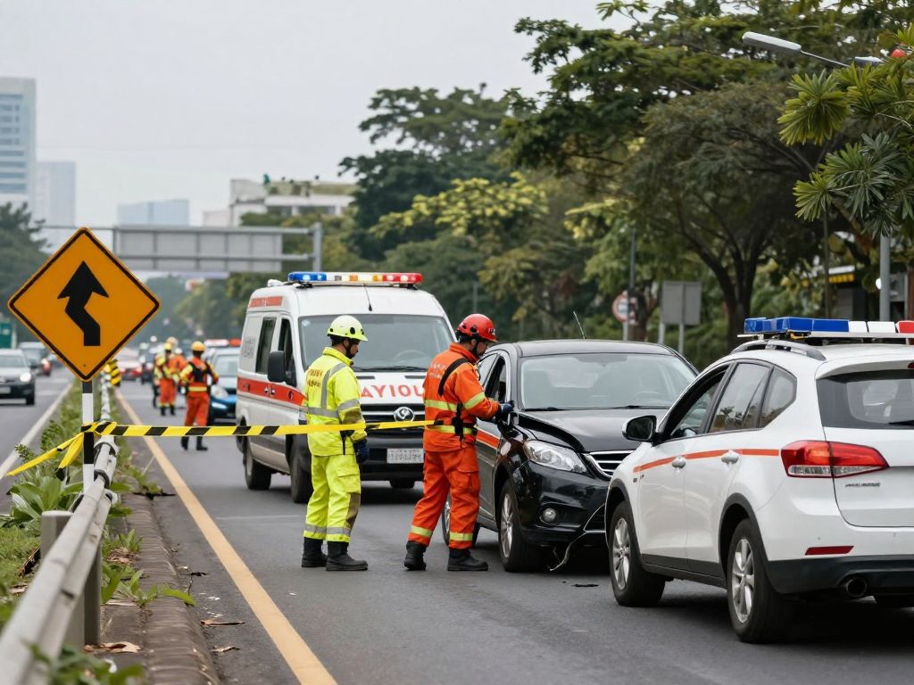 Emergency responders at the scene of a multi-vehicle accident on a highway