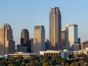 A skyline view of Austin, Texas featuring elements of technology and innovation.