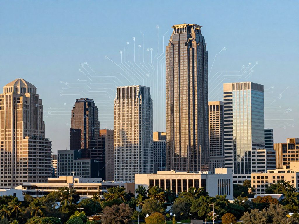 A skyline view of Austin, Texas featuring elements of technology and innovation.