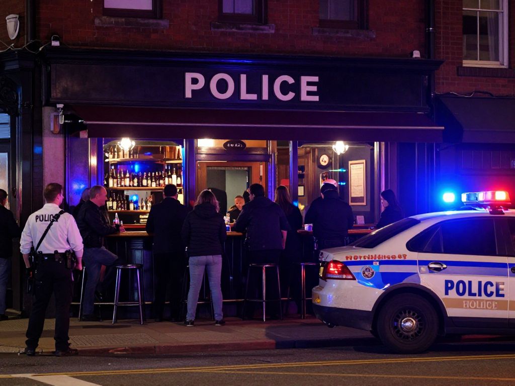 Exterior of a bar with police lights at night