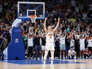 Basketball court during a game