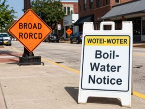Roadwork in Brenham, Texas with Boil-Water Notice sign